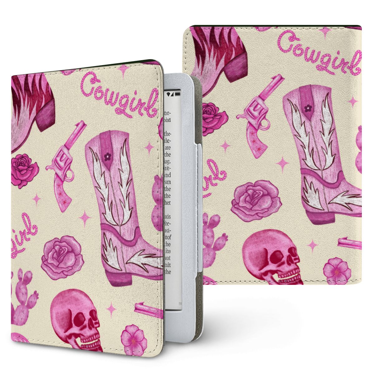 Pink Cowgirl Kindle case — hot pink western, printed front and back