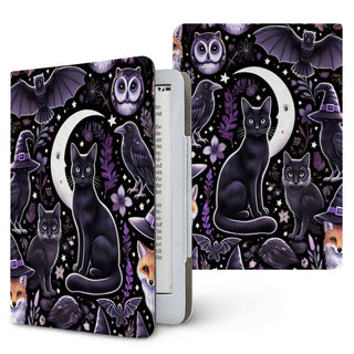 Witchy Woodland Kindle case, front and back — black cat before a crescent moon with owls, foxes and bats in purple