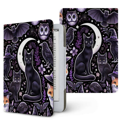 Witchy Woodland Kindle case, front and back — black cat before a crescent moon with owls, foxes and bats in purple
