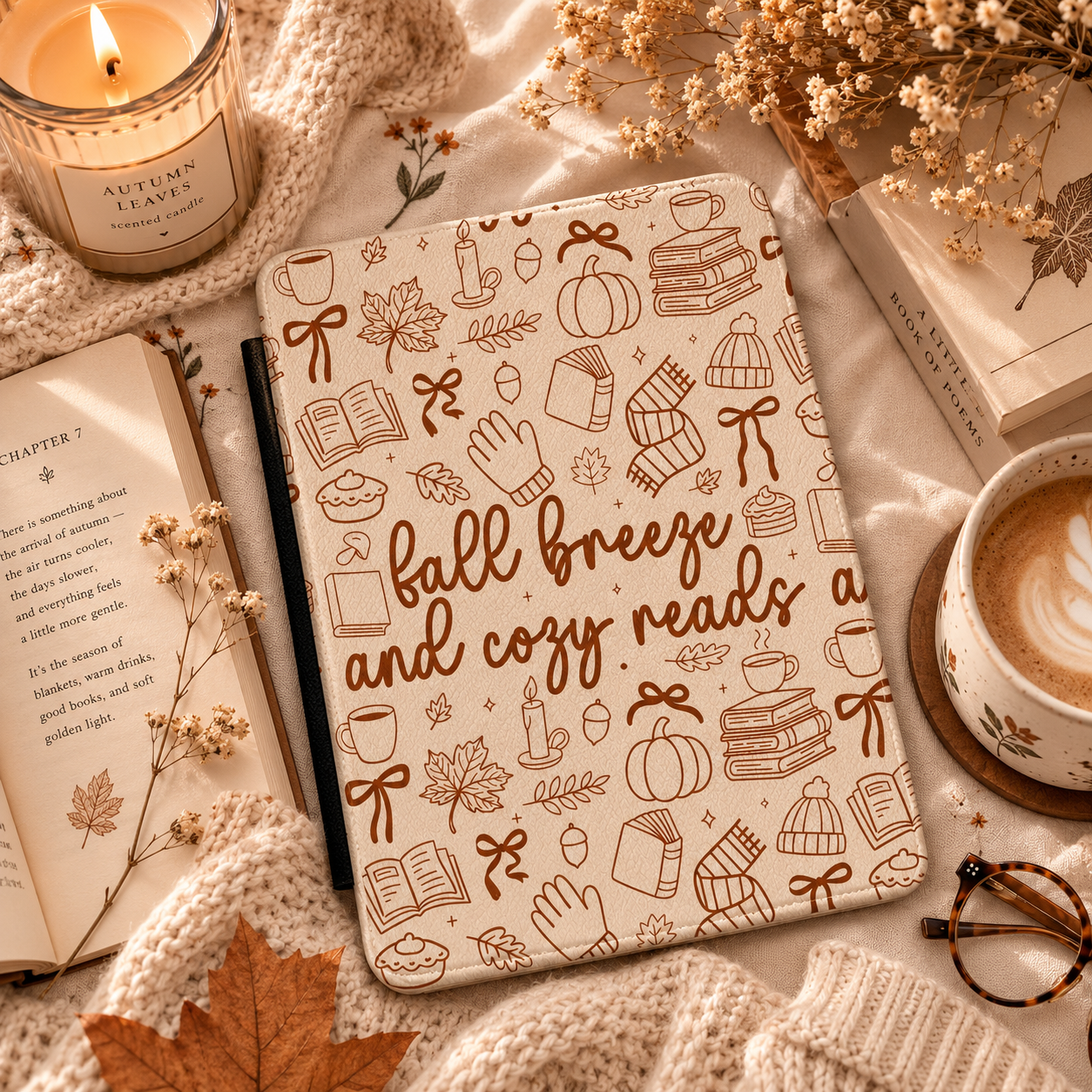 Fall Breeze Cozy Reads Kindle case shown at an angle