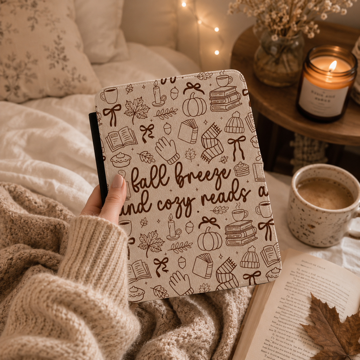 Close-up of Fall Breeze Cozy Reads Saffiano Kindle case