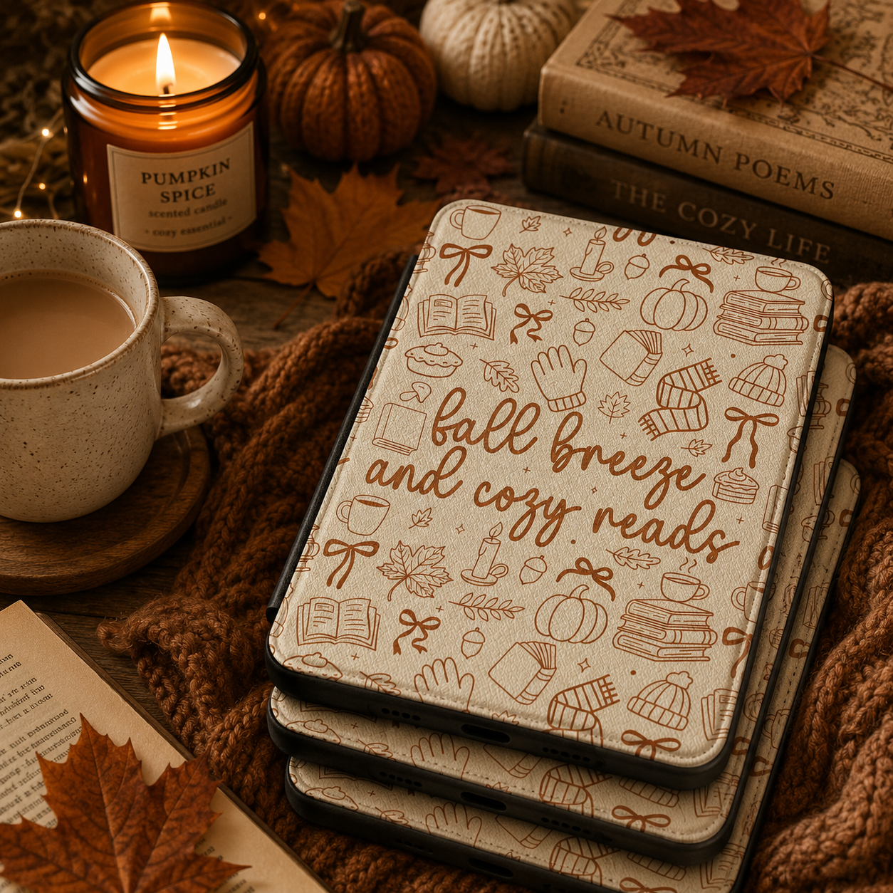 Fall Breeze Cozy Reads Kindle case open showing e-ink Kindle on right interior panel