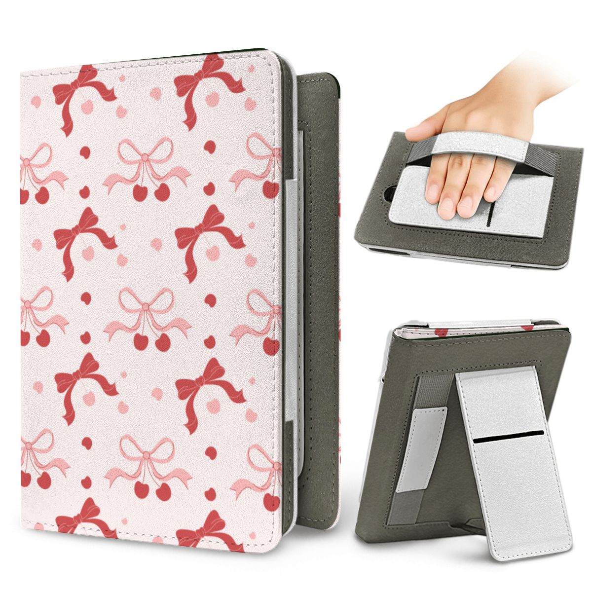 Cherry Bows Kindle case — elastic hand strap and fold-out stand on the back