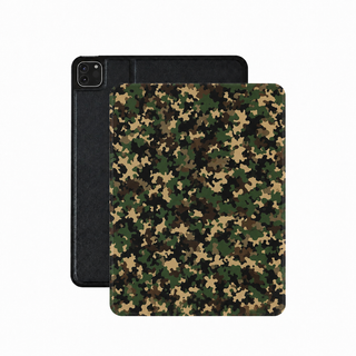 Field camo iPad case in green vegan leather — fine-grain camouflage folio
