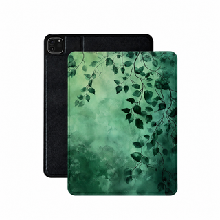 Forest canopy iPad case in green vegan leather — misty botanical folio