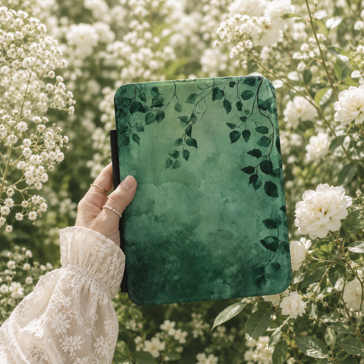 Forest canopy Kindle case front cover close-up — Jardin Secret green watercolour print