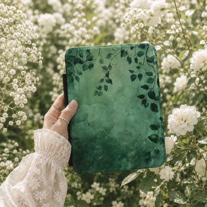 Forest canopy Kindle case front cover close-up — Jardin Secret green watercolour print