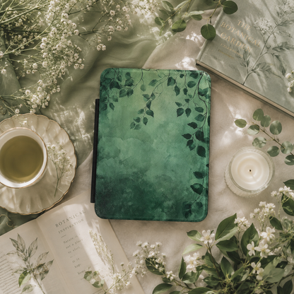 Deep forest green Kindle Paperwhite case with trailing birch branches — Jardin Secret gift for readers