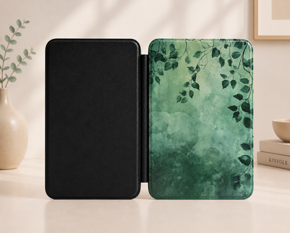 Forest canopy Kindle case open showing black interior — Jardin Secret trailing birch branches