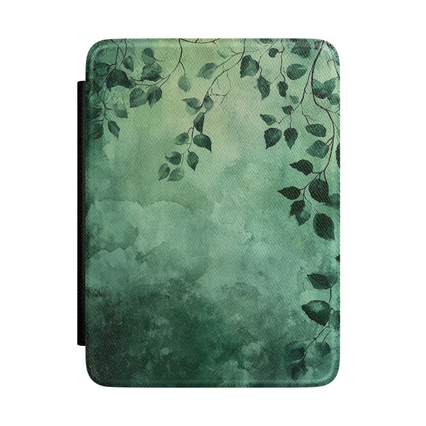 Deep forest green Kindle Paperwhite case with trailing birch branches front cover — Jardin Secret gift