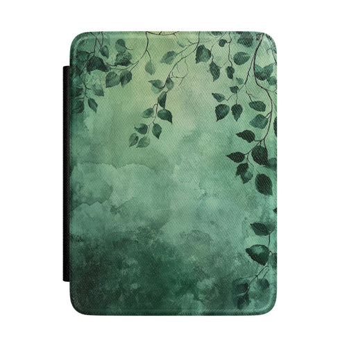 Deep forest green Kindle Paperwhite case with trailing birch branches front cover — Jardin Secret gift