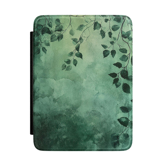 Deep forest green Kindle Paperwhite case with trailing birch branches front cover — Jardin Secret gift