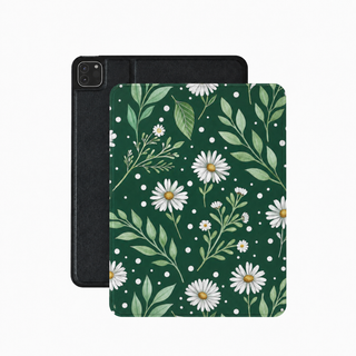 Forest daisy iPad case in green vegan leather — white daisy and dot folio