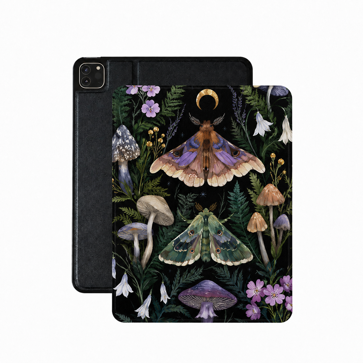 Forest witch moth iPad case in black and green vegan leather — dark botanical folio