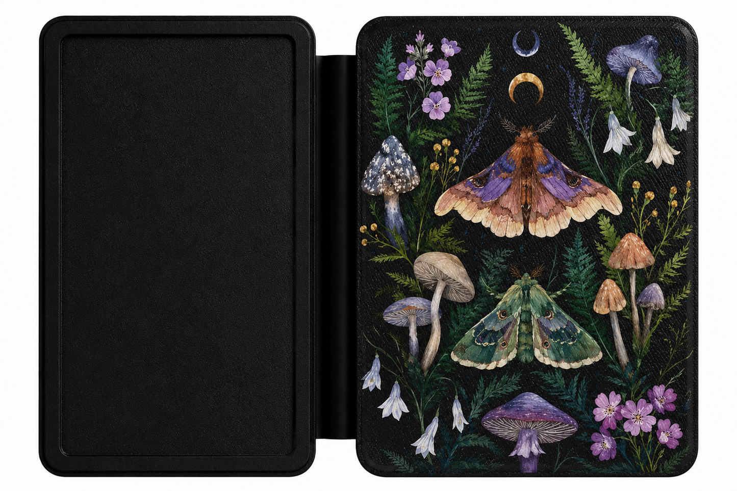 Forest Witch Moth Kindle case open showing e-ink Kindle on right interior panel