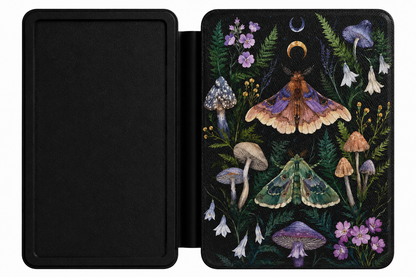 Forest Witch Moth Kindle case open showing e-ink Kindle on right interior panel