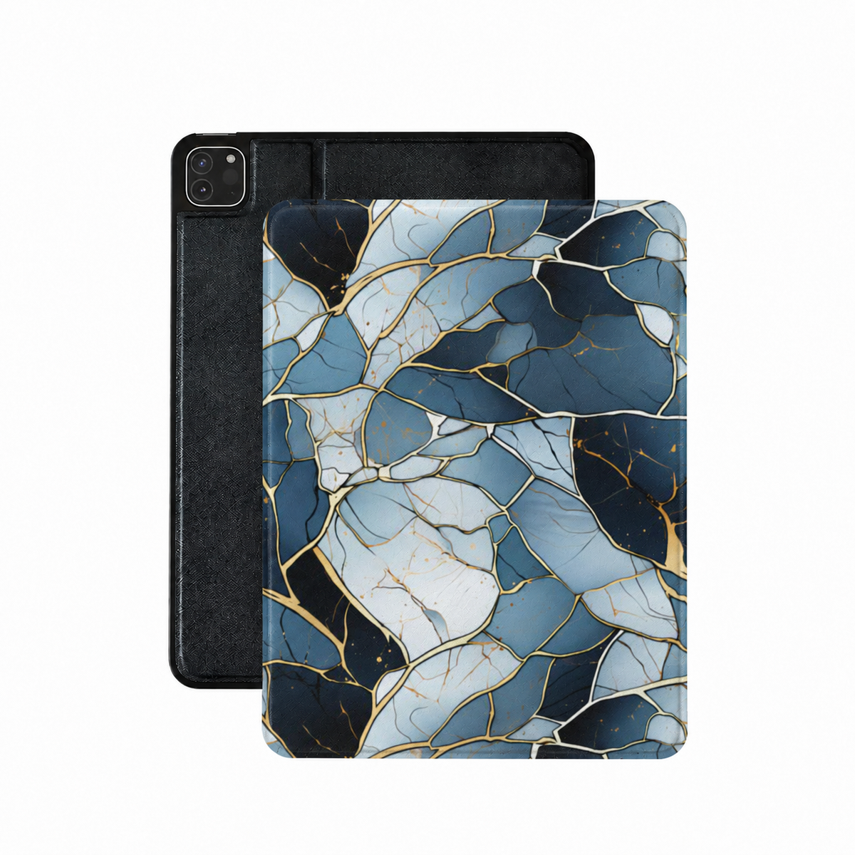 Fractured stone iPad case in navy vegan leather — gold kintsugi marble folio