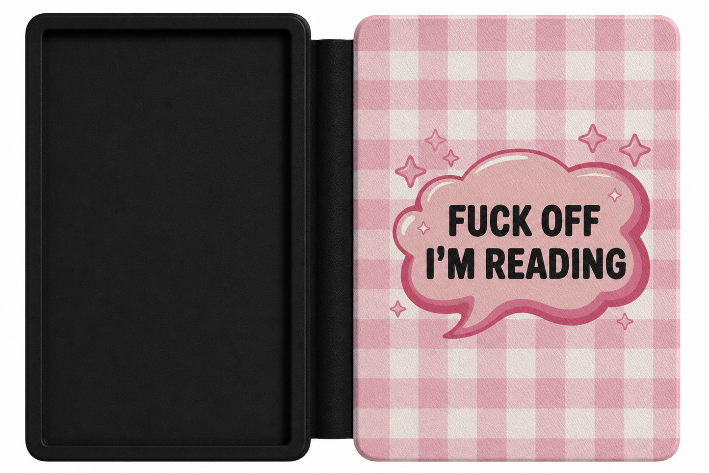 Fuck Off I'm Reading pink gingham Kindle case open showing e-ink Kindle on right interior panel