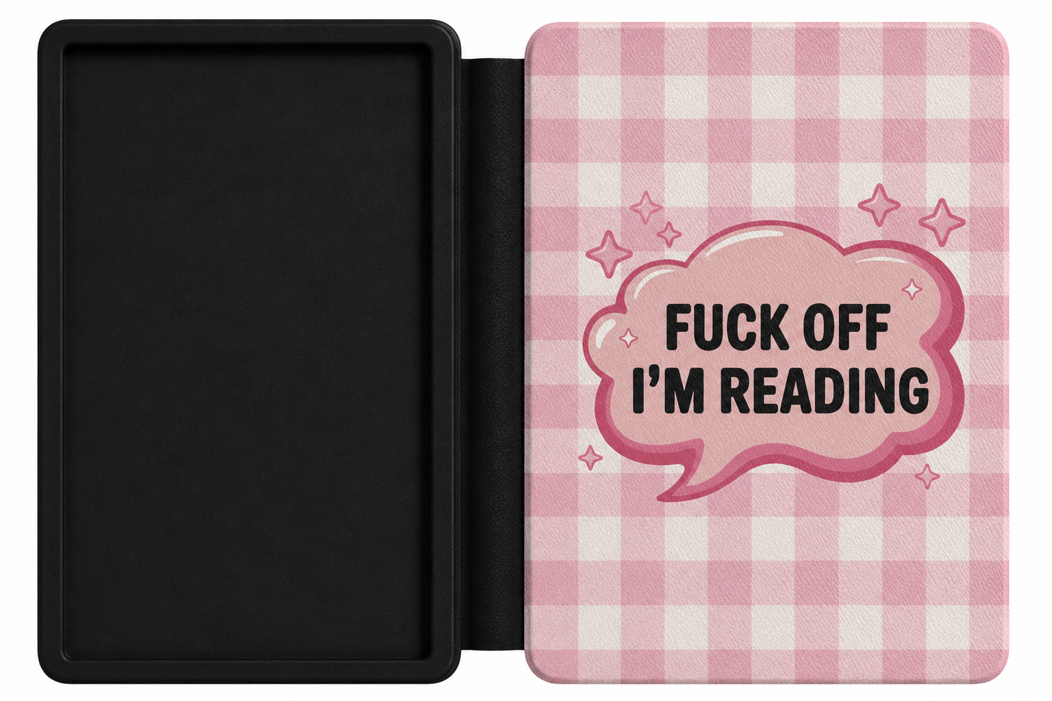 Fuck Off I'm Reading pink gingham Kindle case open showing e-ink Kindle on right interior panel