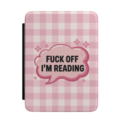 Fuck Off I'm Reading Kindle case in pink gingham — glossy speech bubble with sparkle stars, Smut Era gift for her