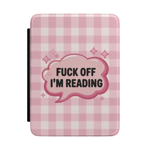 Fuck Off I'm Reading Kindle case in pink gingham — glossy speech bubble with sparkle stars, Smut Era gift for her