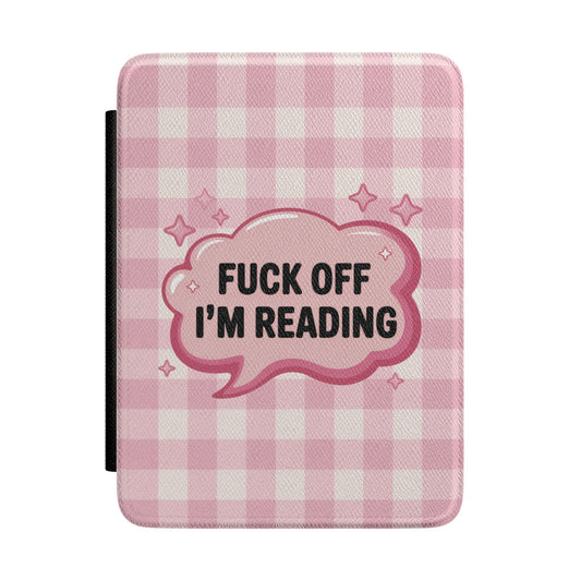 Fuck Off I'm Reading Kindle case in pink gingham — glossy speech bubble with sparkle stars, Smut Era gift for her