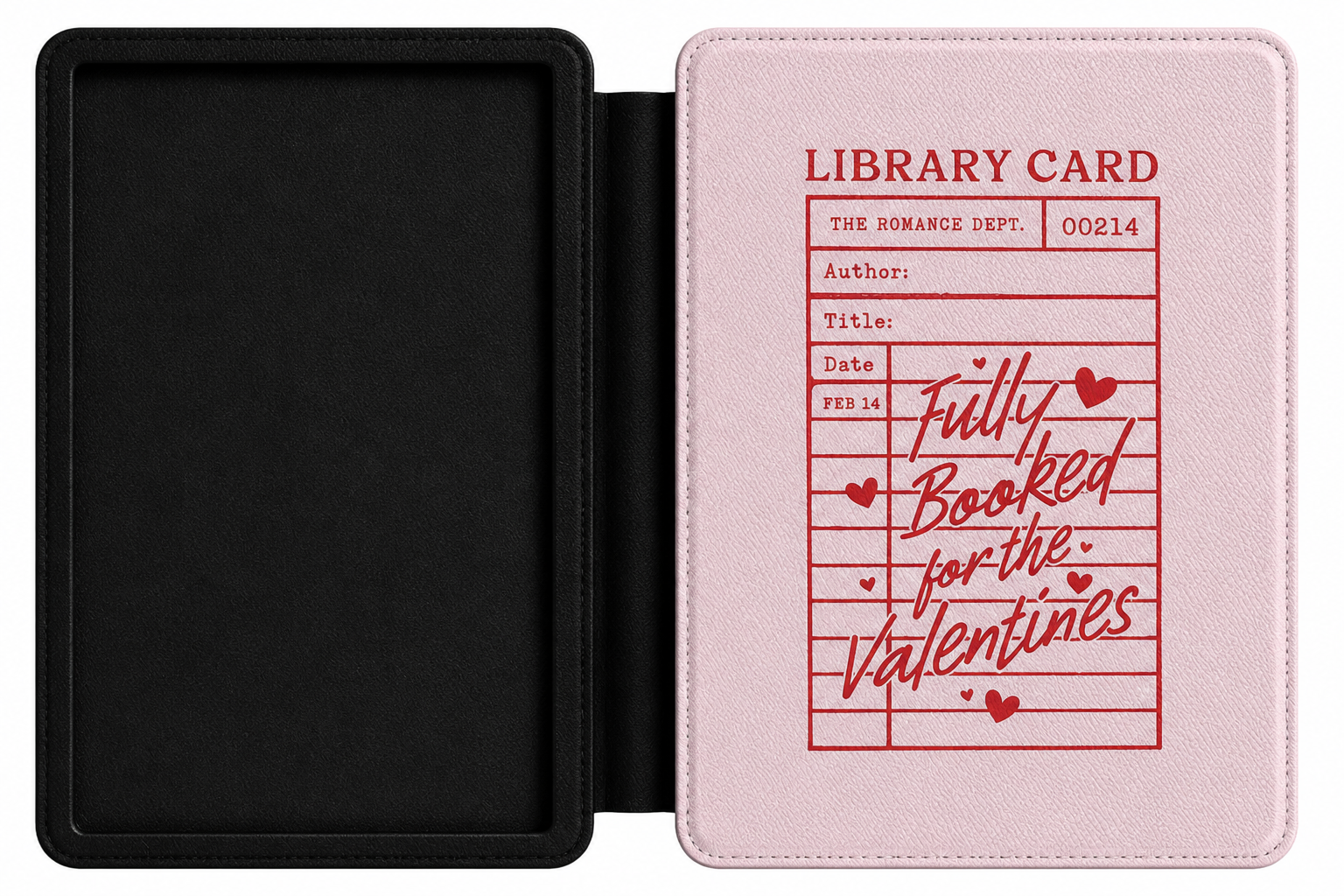 Fully Booked for the Valentines blush pink Kindle case shown at an angle