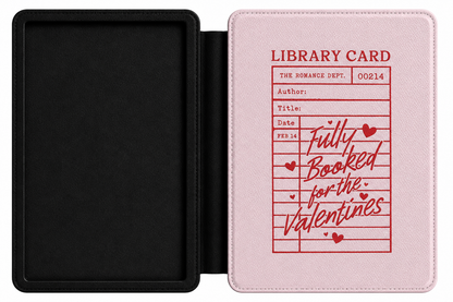 Fully Booked for the Valentines blush pink Kindle case shown at an angle