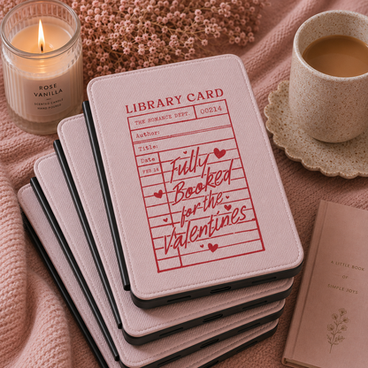 Fully Booked for the Valentines Kindle case front cover in blush pink — red vintage library-card print
