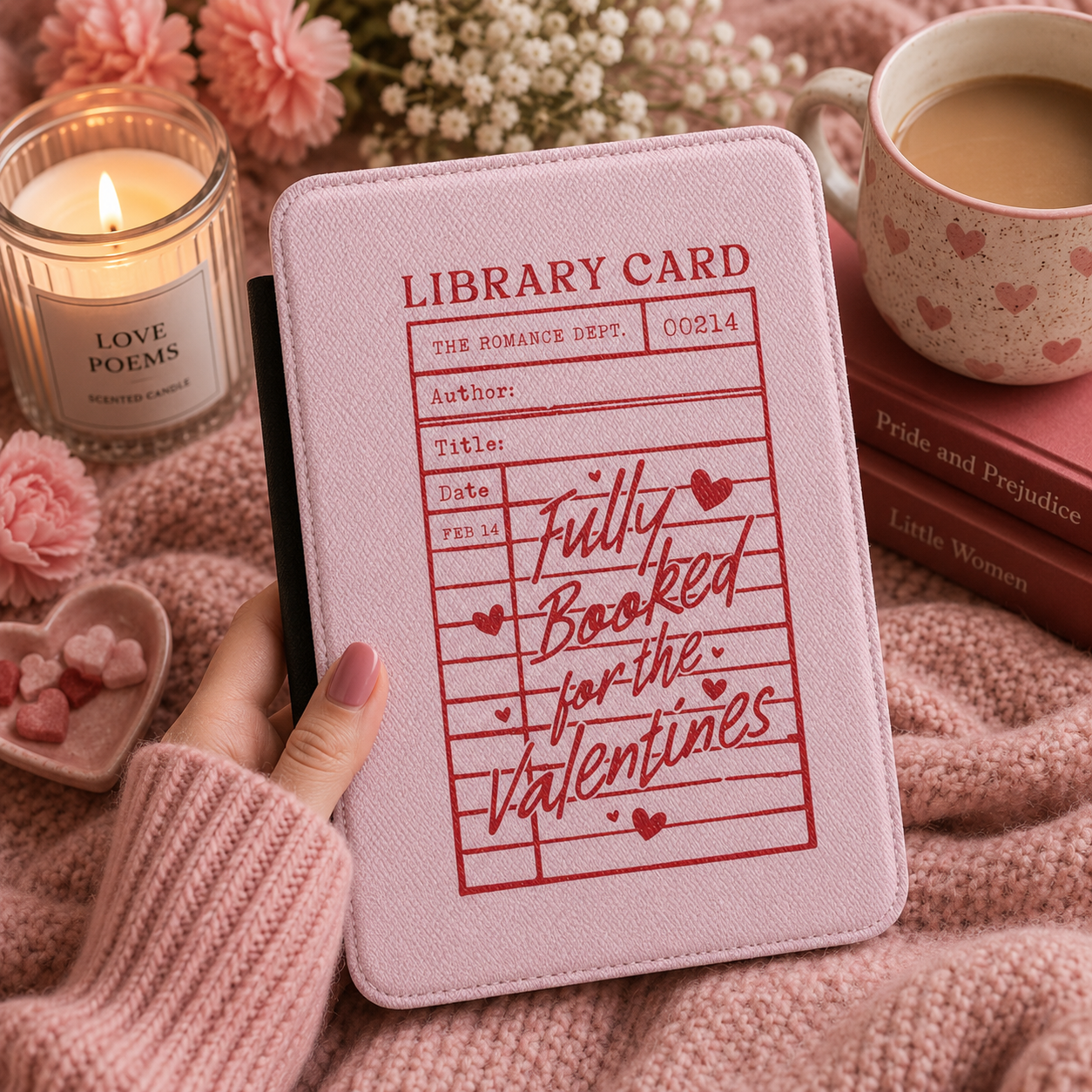 Fully Booked for the Valentines blush pink Kindle case open showing e-ink Kindle on right interior panel