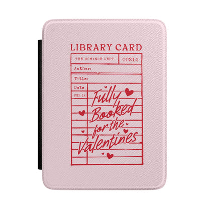 Fully Booked for the Valentines Kindle case in blush pink — red vintage library-card print, Coquette Reader gift for her