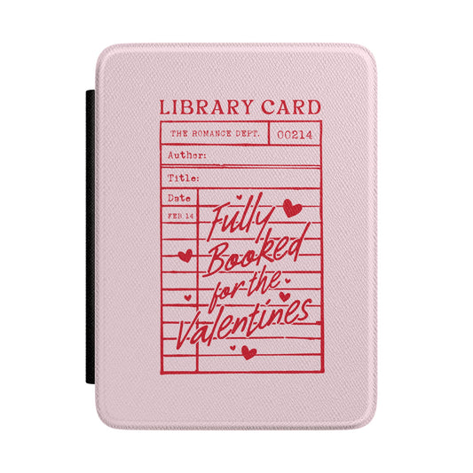 Fully Booked for the Valentines Kindle case in blush pink — red vintage library-card print, Coquette Reader gift for her