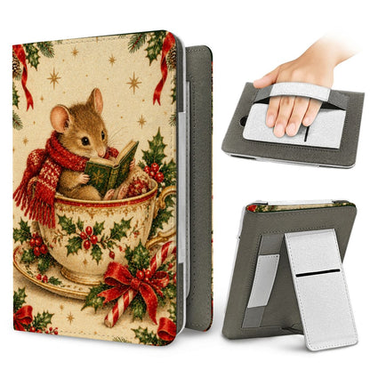 Teacup Mouse Kindle case — elastic hand strap and fold-out stand on the back