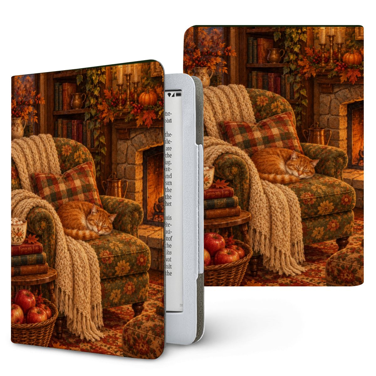 Cozy Reading Nook Kindle case — armchair by the fire with books, cocoa and a sleeping cat, printed front and back