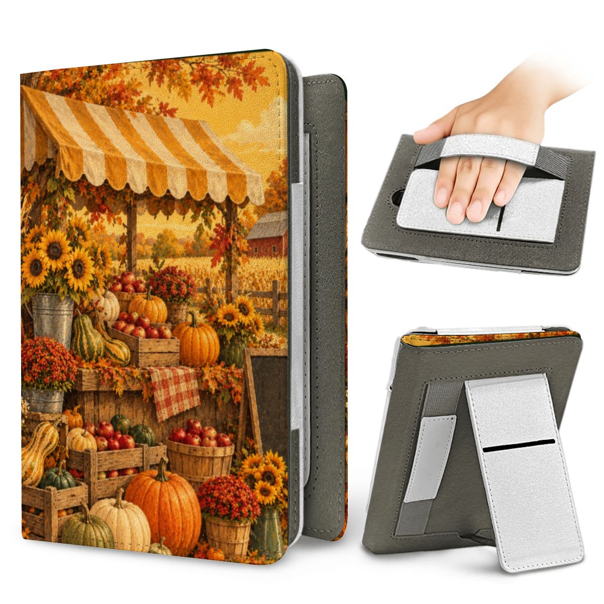 Harvest Market Kindle case — elastic hand strap and fold-out stand on the back