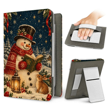 Reading Snowman Kindle case — elastic hand strap and fold-out stand on the back