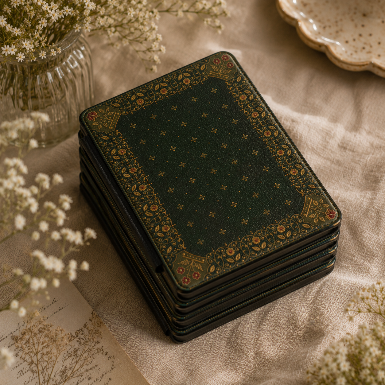 Close-up of Gilded Antique Binding Saffiano Kindle case