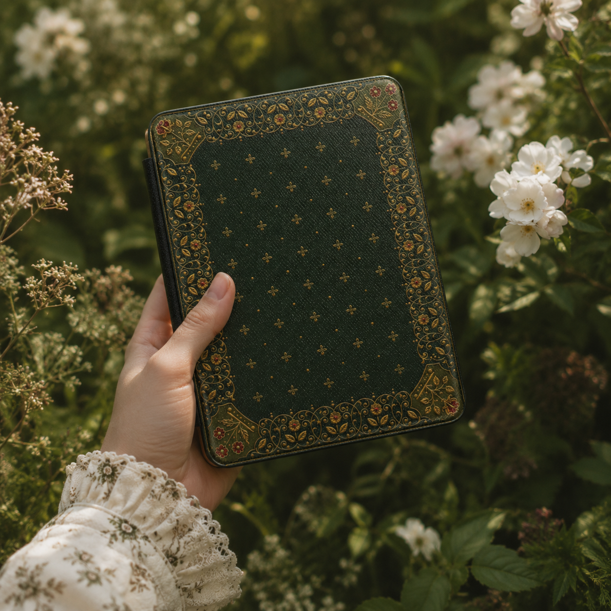 Gilded Antique Binding Kindle case open showing e-ink Kindle on right interior panel