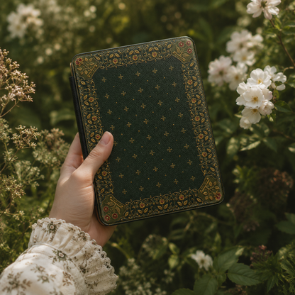 Gilded Antique Binding Kindle case open showing e-ink Kindle on right interior panel