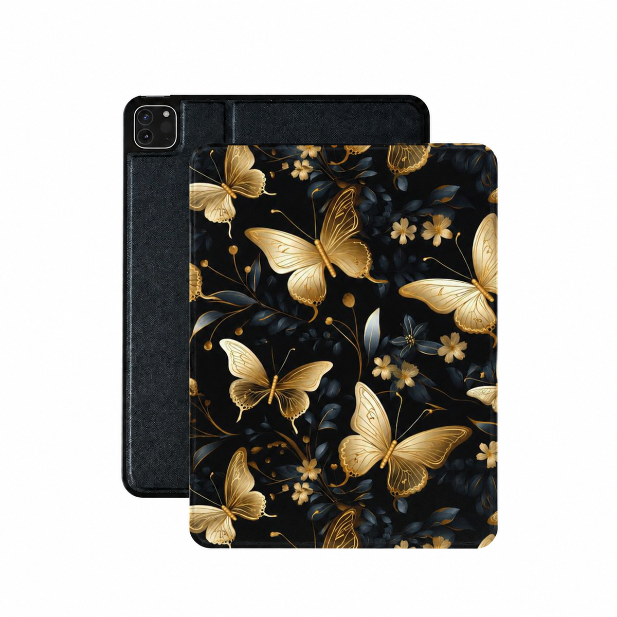 Gold butterfly and dark floral iPad case in black vegan Saffiano leather — moody botanical folio