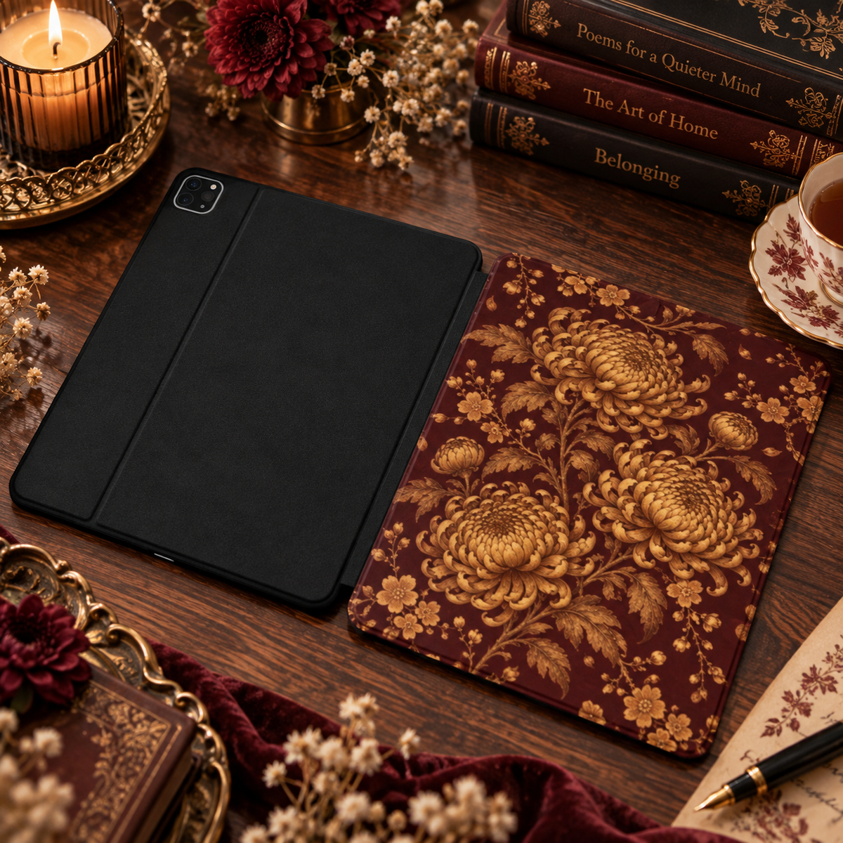 Gilded Chrysanthemum iPad case shown front and back — printed front cover, plain black back