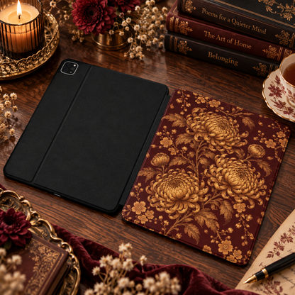 Gilded Chrysanthemum iPad case shown front and back — printed front cover, plain black back