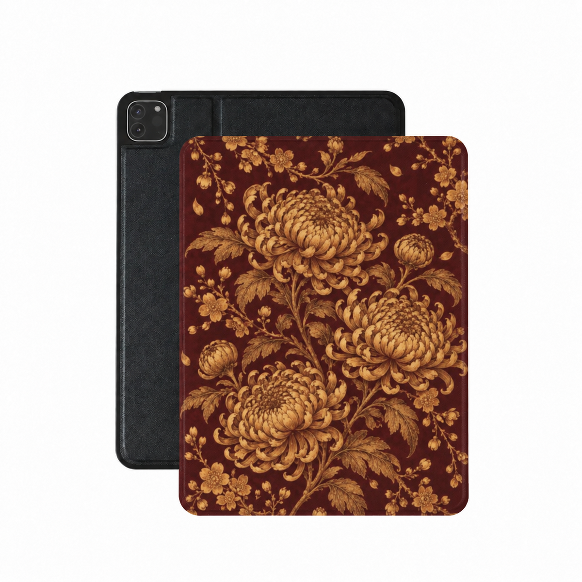 Gilded Chrysanthemum iPad case — gold chrysanthemums on deep burgundy