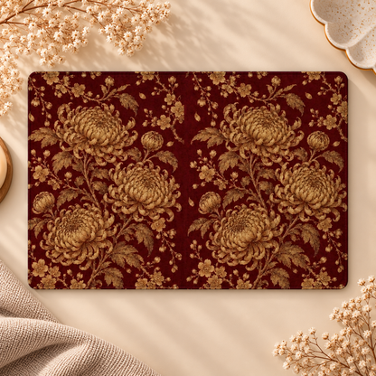 Gilded Chrysanthemum Kindle case opened flat, front and back — gold chrysanthemums and blossom sprays on burgundy
