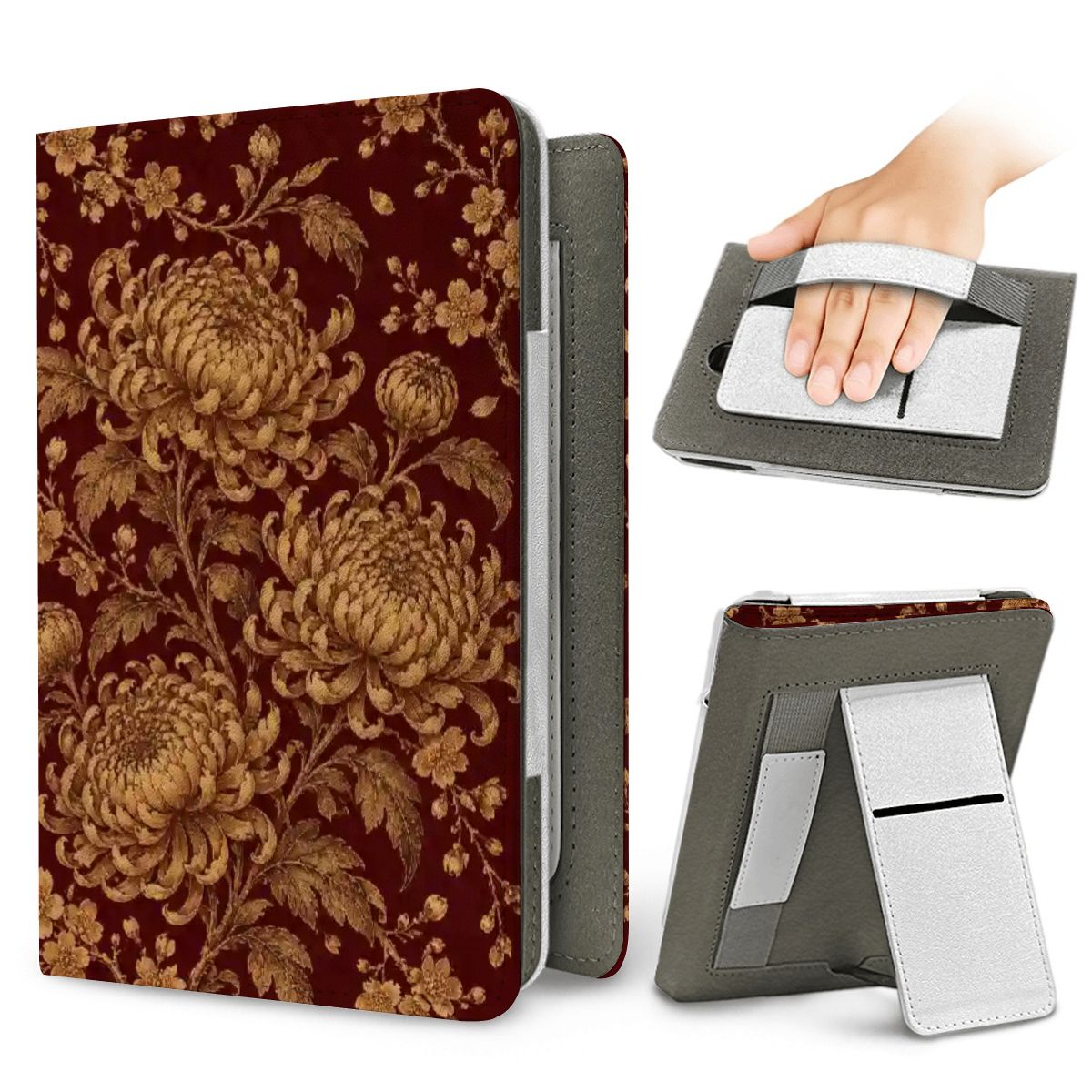 Gilded Chrysanthemum Kindle case — elastic hand strap and fold-out stand on the back