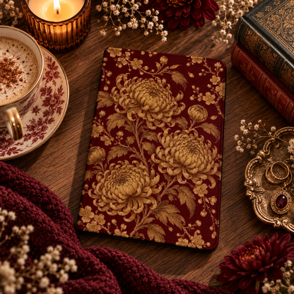 Gilded Chrysanthemum Kindle case — gold chrysanthemums on burgundy, styled with a latte, candle and old books