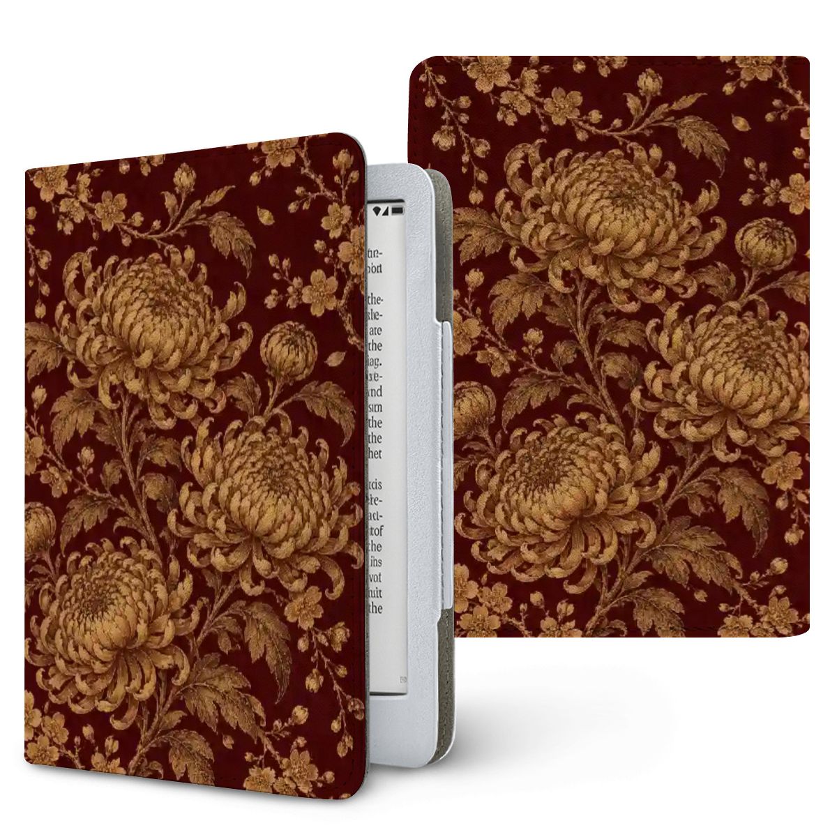 Gilded Chrysanthemum Kindle case — gold chrysanthemums on deep burgundy, printed front and back