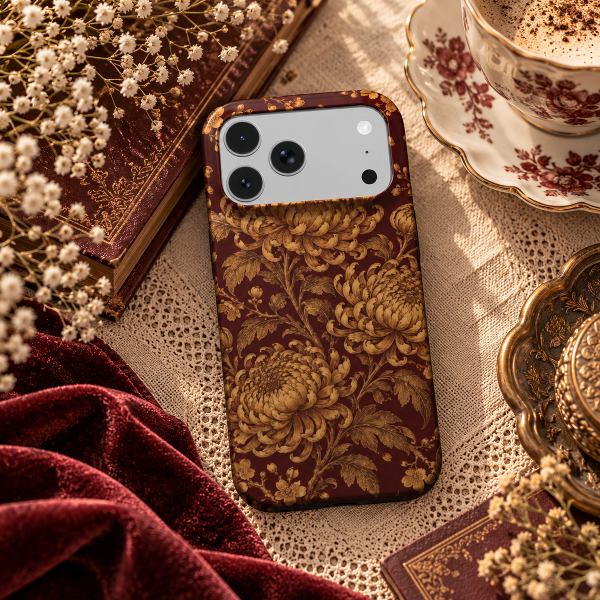 Gilded Chrysanthemum phone case – MagSafe iPhone case, lifestyle photo