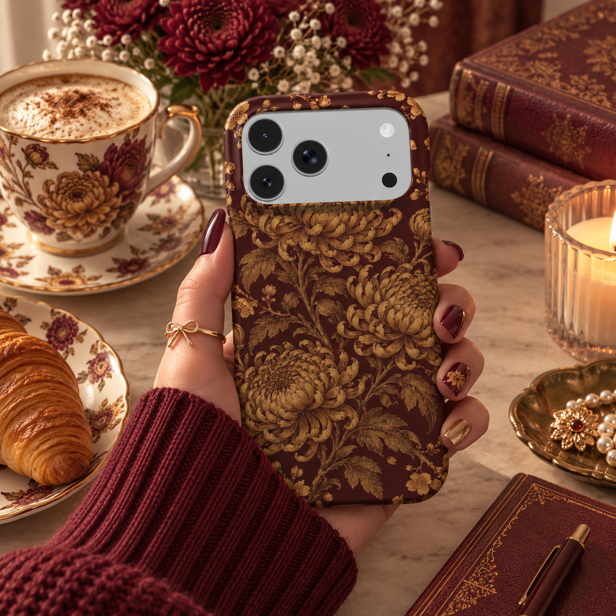 Gilded Chrysanthemum phone case – MagSafe iPhone case, styled photo