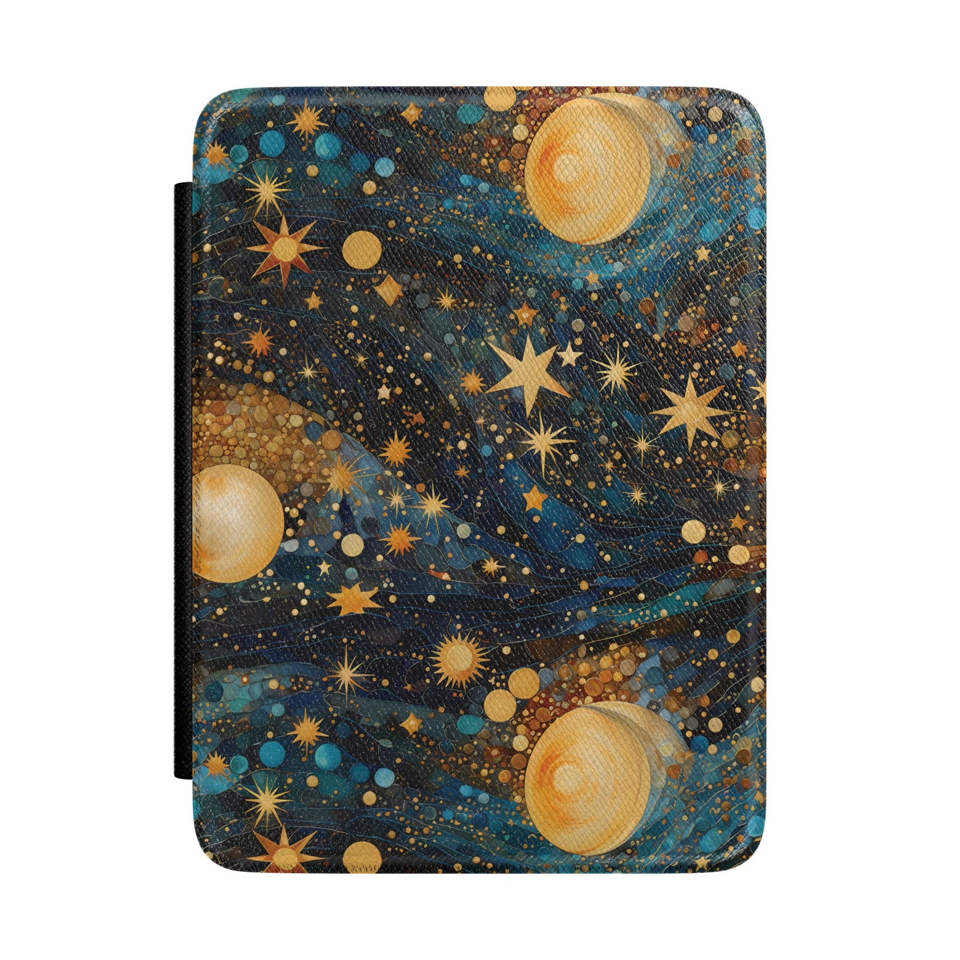 Teal and navy Kindle Paperwhite case with gold planets and starbursts front cover — Dark Romantasy celestial gift